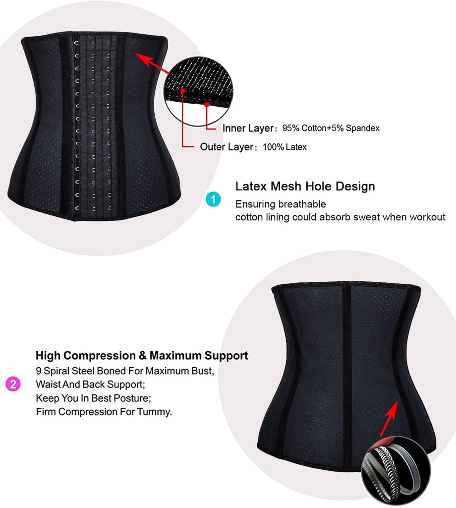 YIANNA Women Breathable Latex Waist Trainer 9 Steel Bones 3 Row Hooks