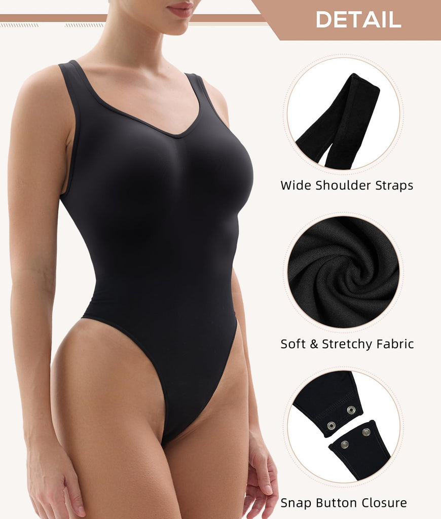 YIANNA Sculpting Bodysuit for Women Tummy Control Seamless Shapewear Scoop Neck Thong Body Shaper