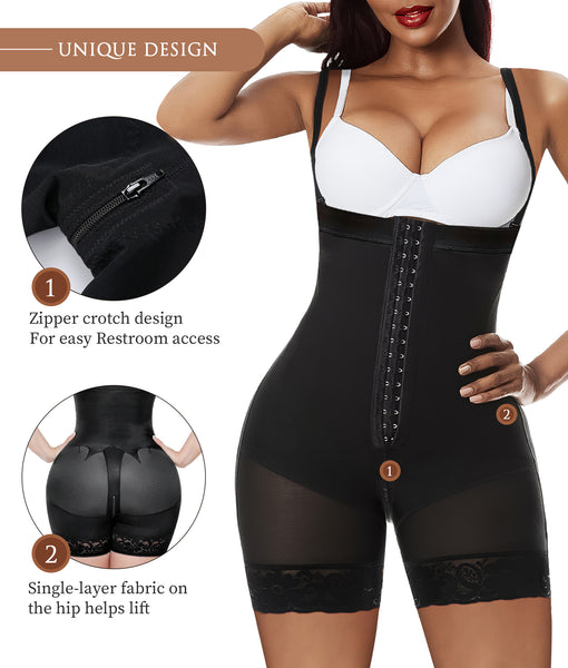 Nebility Women Shapewear Bodysuit Latex Waist Trainer Full Body Shaper Tummy  Control Fajas Colombianas Zipper Open Bust Corset(Black Large) 