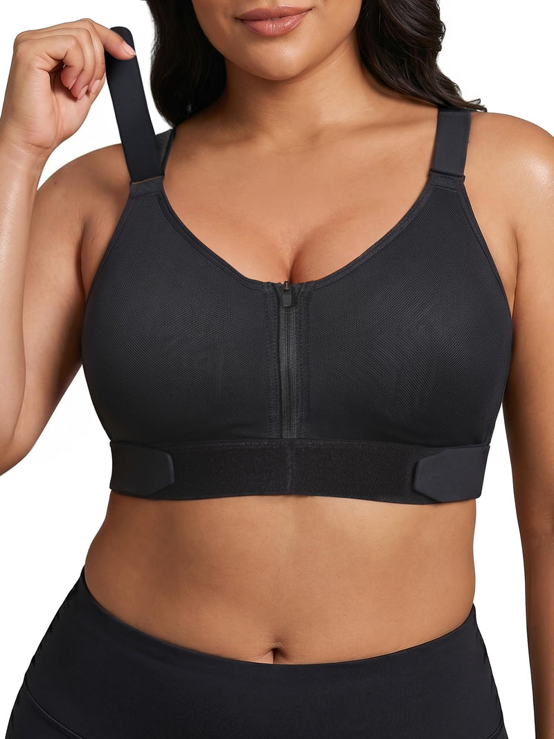 YIANNA High Impact Sports Bra for Women, Front Zip Workout Bra with Adjustable Velcro Straps and Sewn-in Pads