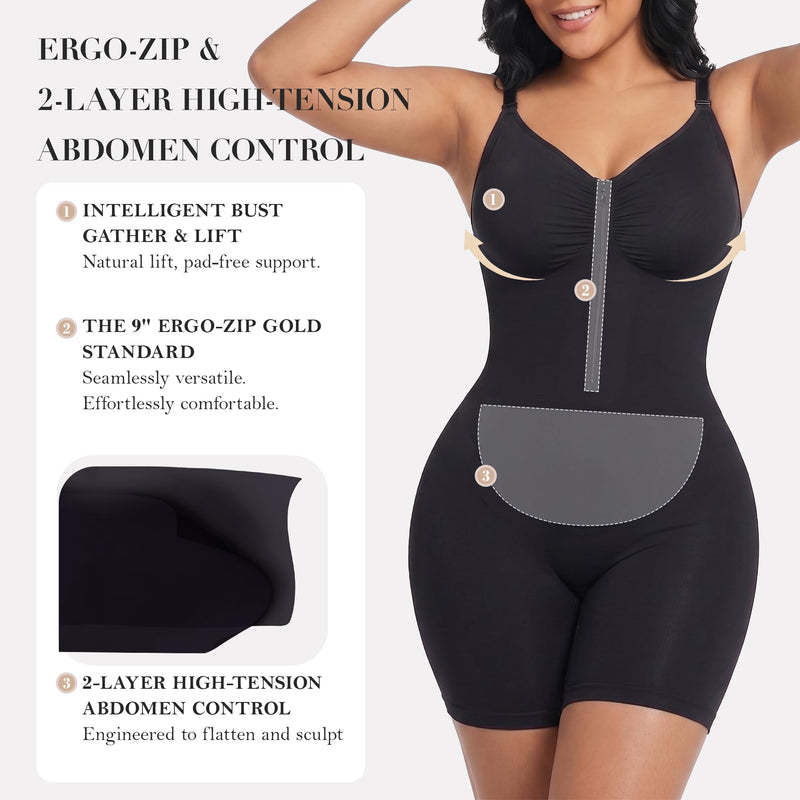 YIANNA Women Fajas Shapewear Seamless Bodysuit Double-Layer Tummy Control Zip-Up Body Shaper Waist Defining Silhouette