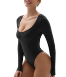 YIANNA Long Sleeve Bodysuit for Women Scoop Neck Womens Fitted Going Out Tops Sexy Body-hugging Thong Bodysuit