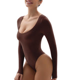 YIANNA Long Sleeve Bodysuit for Women Scoop Neck Womens Fitted Going Out Tops Sexy Body-hugging Thong Bodysuit