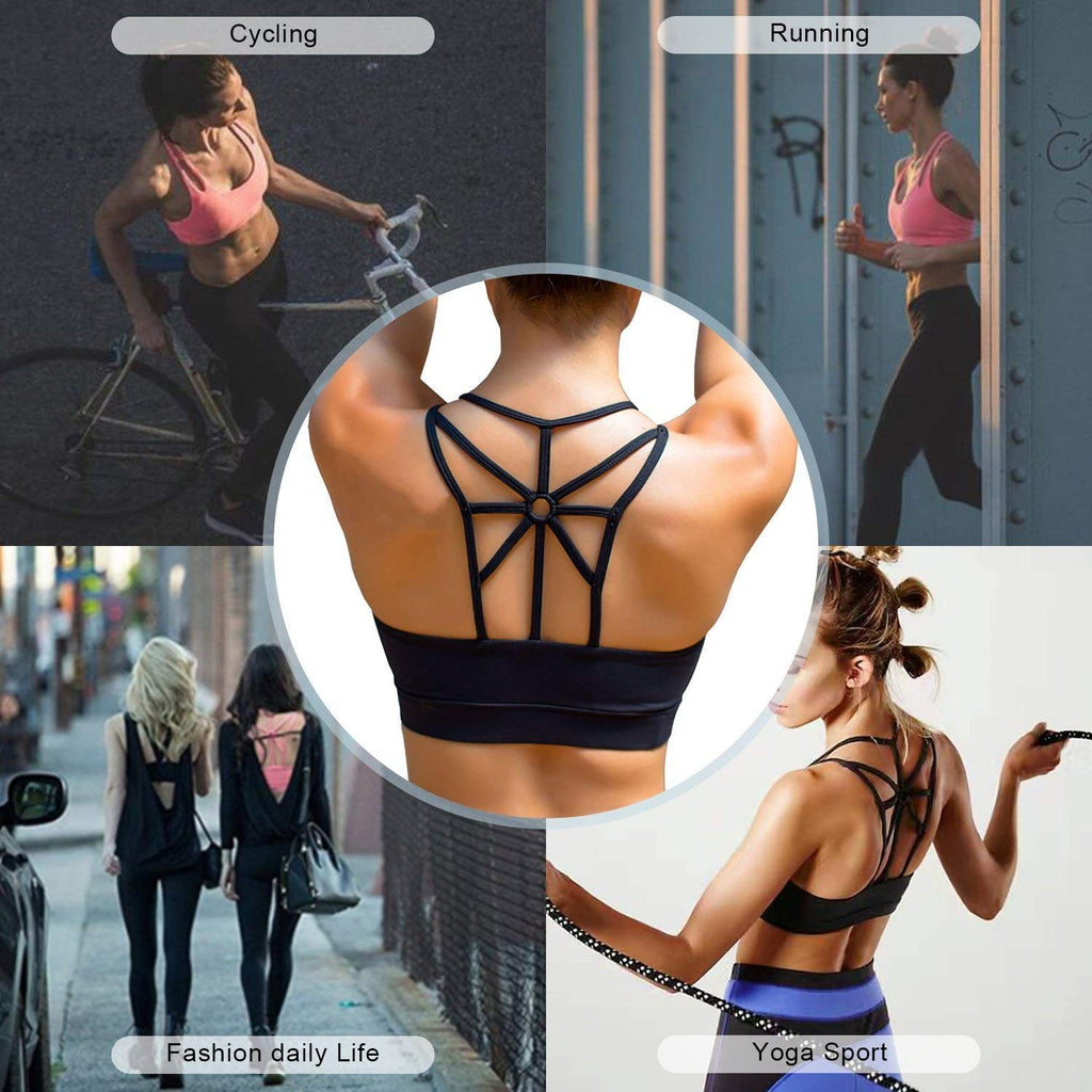 Women Medium High Impact Sports Bra Criss Cross Back Padded Bra Workout  Fitness Sports Yoga Bras, Black, M