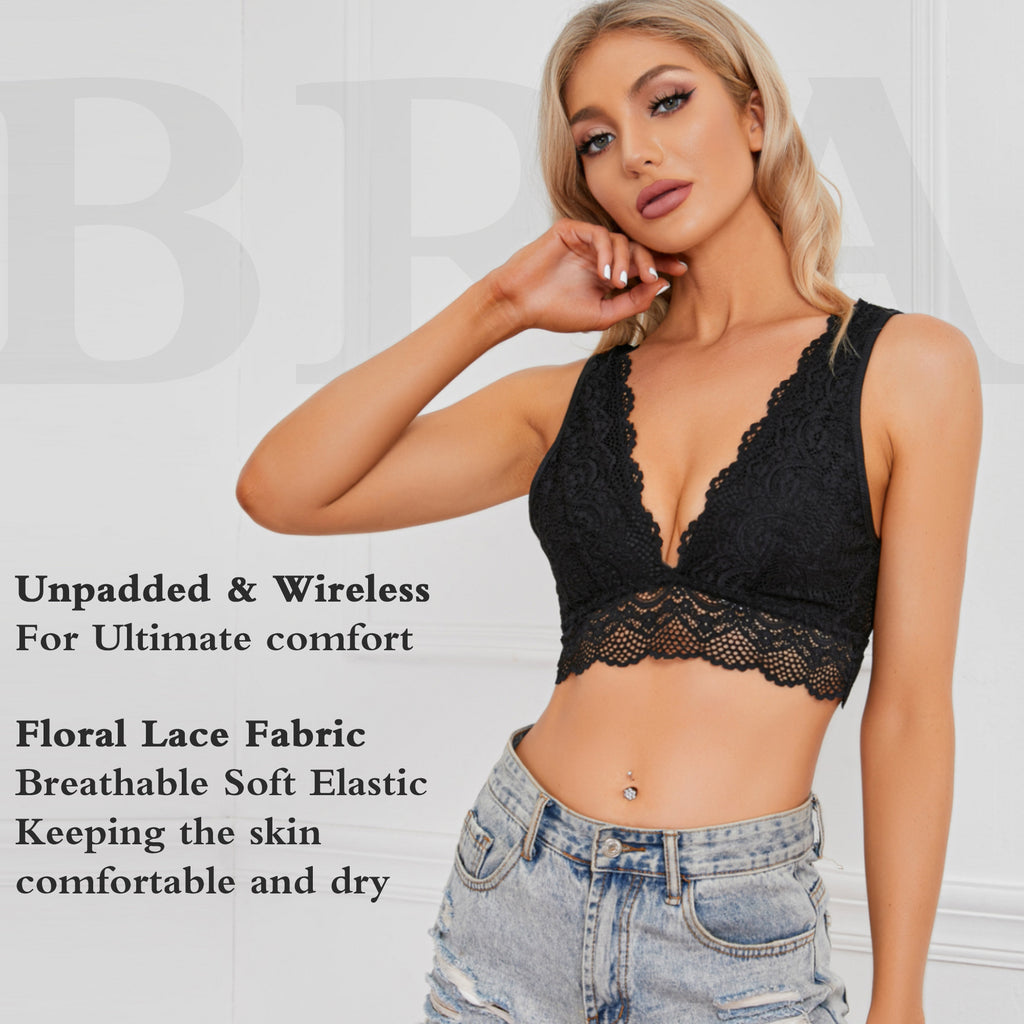 Women's Lace Bralette Top Deep V Plunge with Removable Pads